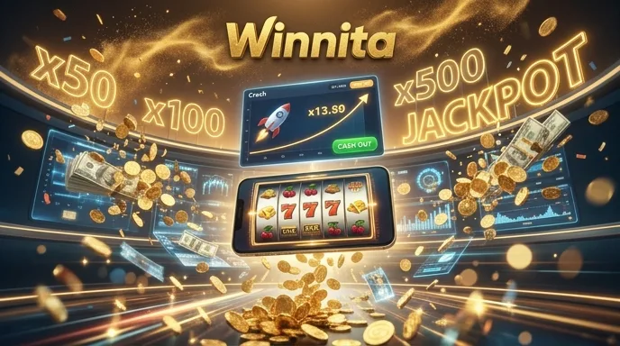 Schermate della web app di Winnita su smartphone con interfaccia neon, slot e crash game